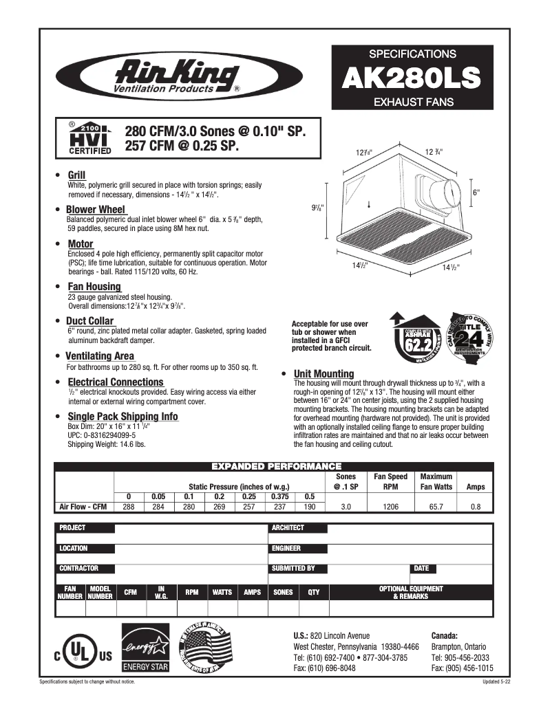 Page 1 de la notice Fiche technique Air King AK280LS