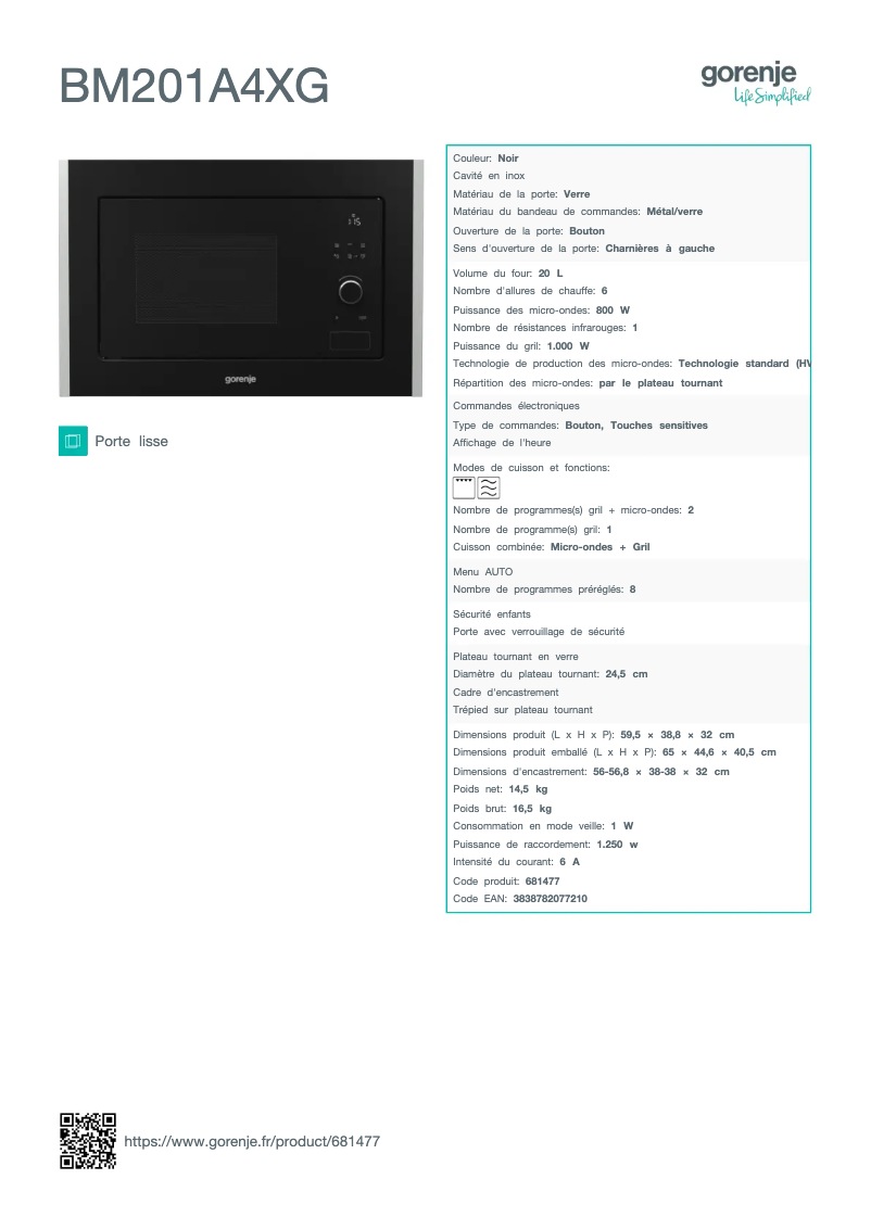 Página 1 del manual Ficha técnica Gorenje BM201A4XG