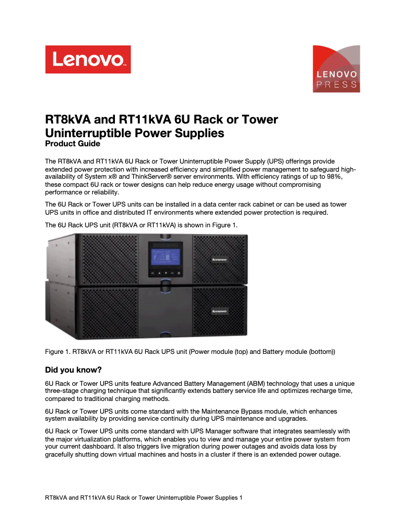 Page 1 de la notice Manuel utilisateur Lenovo RT11kVA