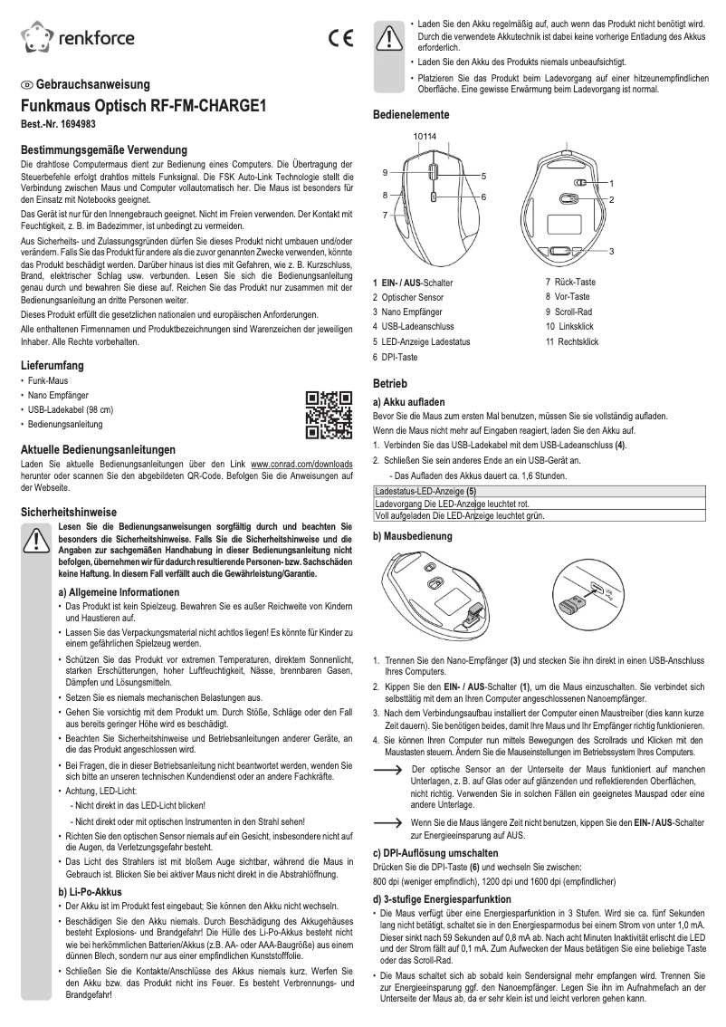 Page 1 de la notice Manuel utilisateur Renkforce RF-FM-CHARGE1