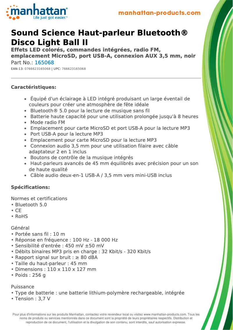 Page 1 de la notice Fiche technique Manhattan 165068