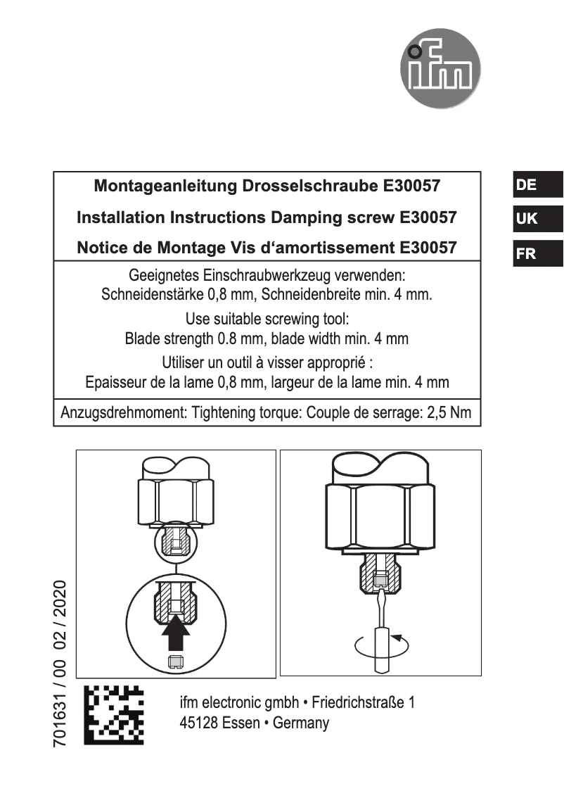 Page 1 de la notice Manuel utilisateur IFM E30057