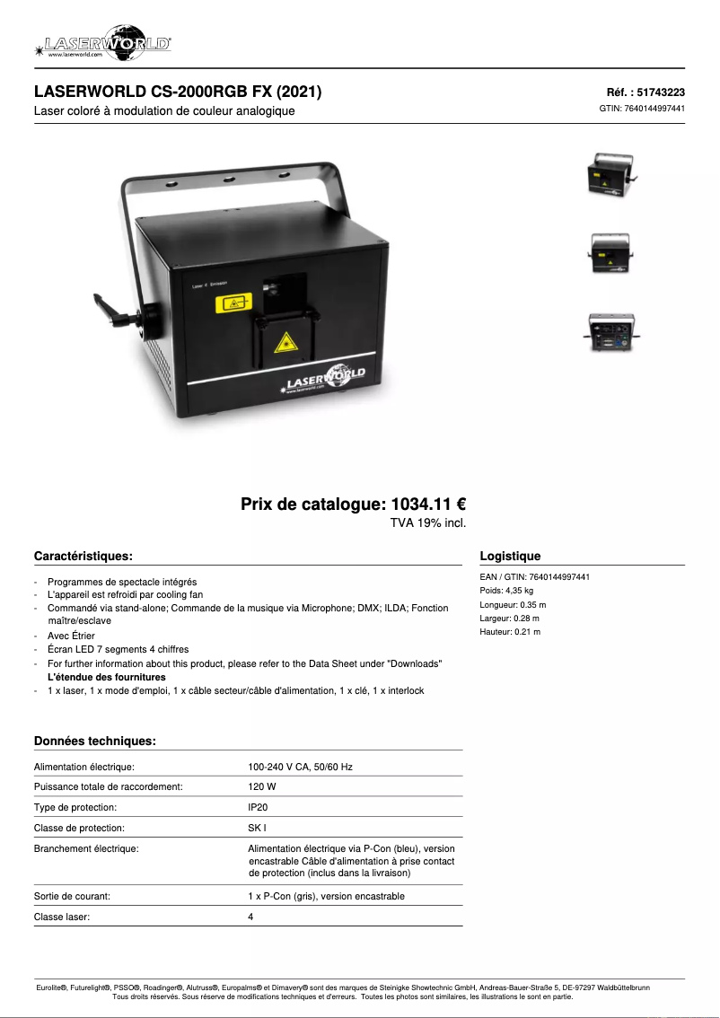 Page 1 de la notice Fiche technique Laserworld CS-2000RGB FX