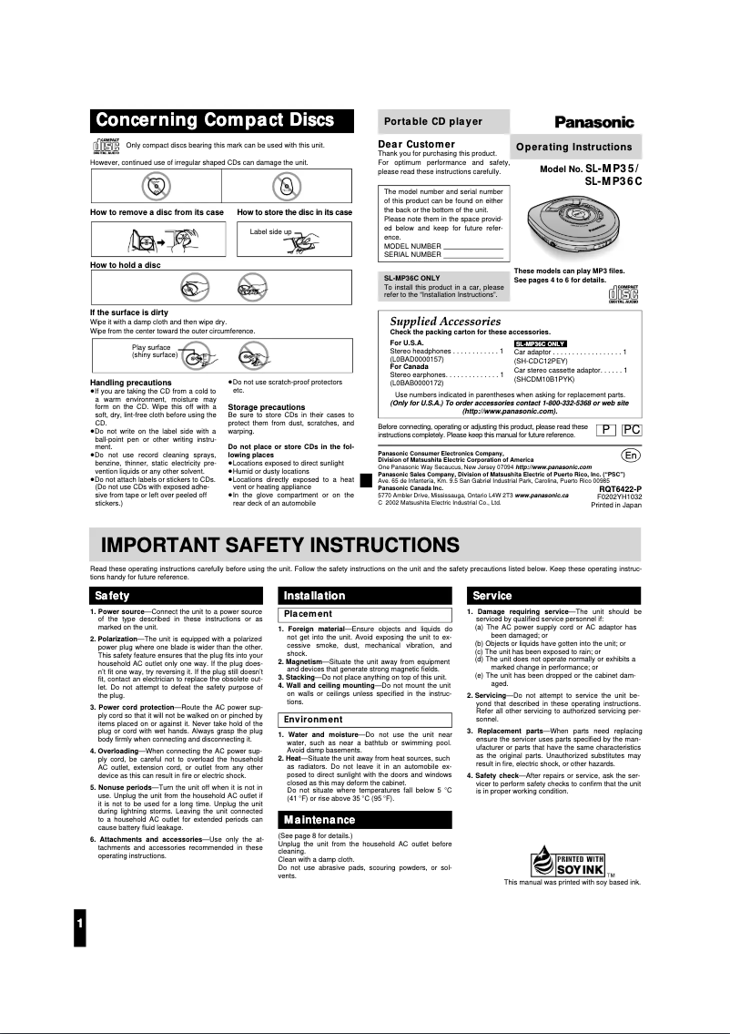 Page 1 de la notice Manuel utilisateur Panasonic SL-MP36C