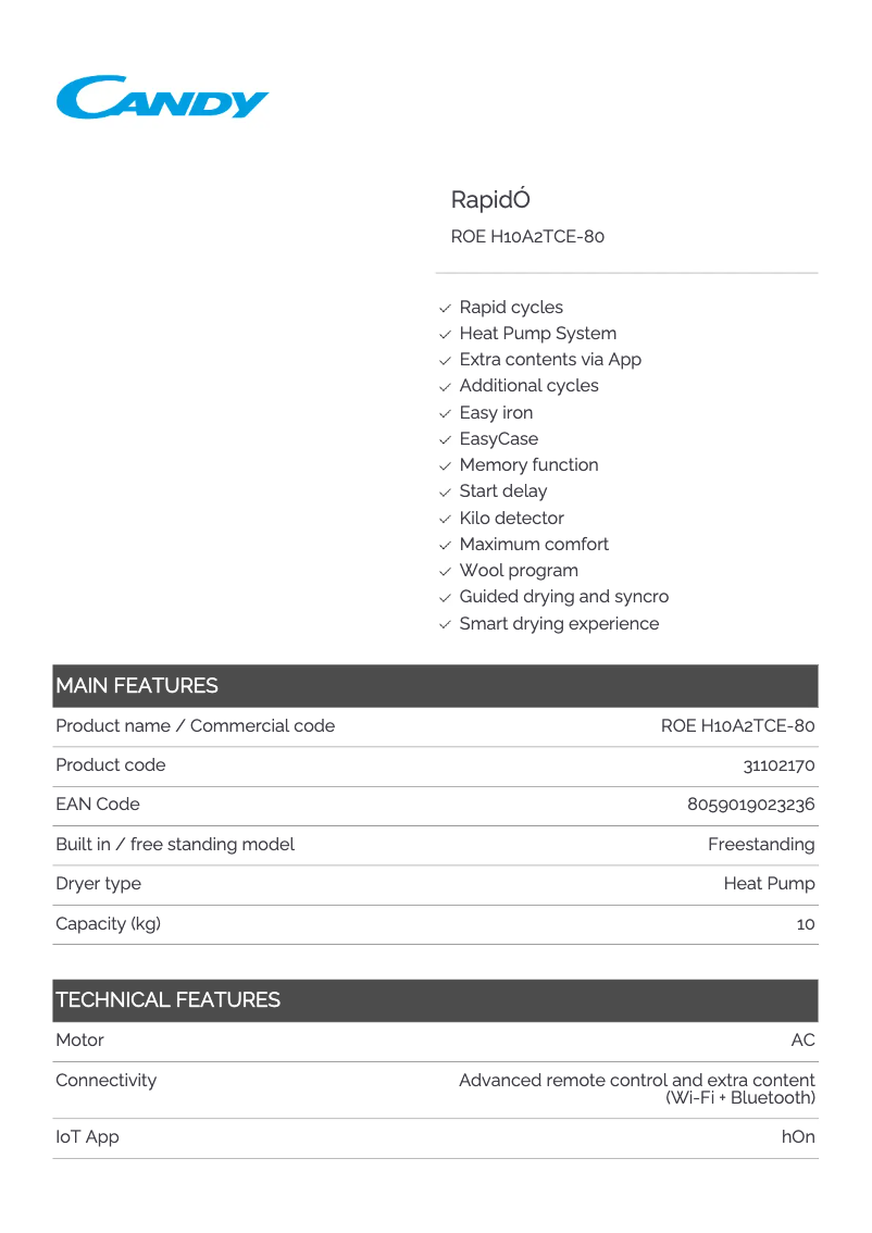 Page 1 of the manual Technical Sheet Candy ROE H10A2TCE