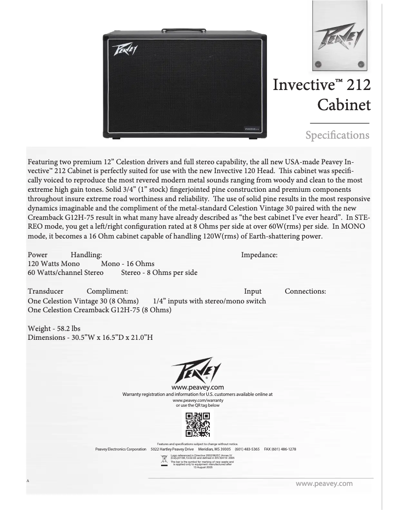 Page 1 de la notice Manuel utilisateur Peavey Invective 212