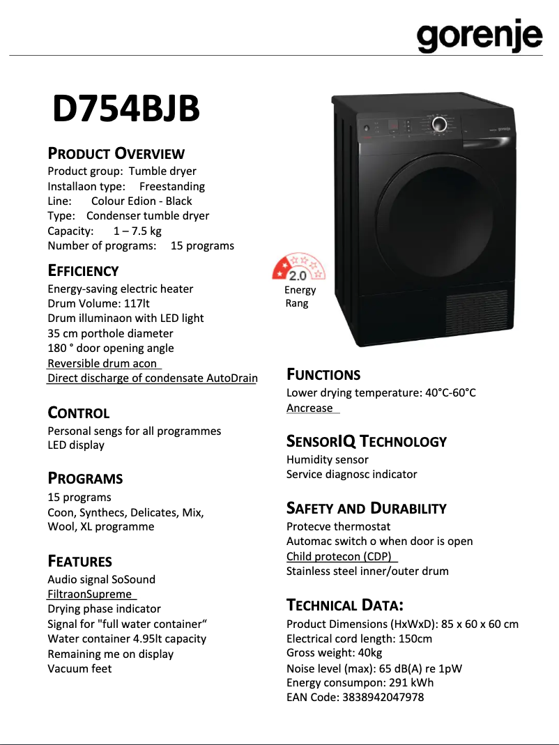 Page n°1 - Fiche technique Gorenje D754BJB