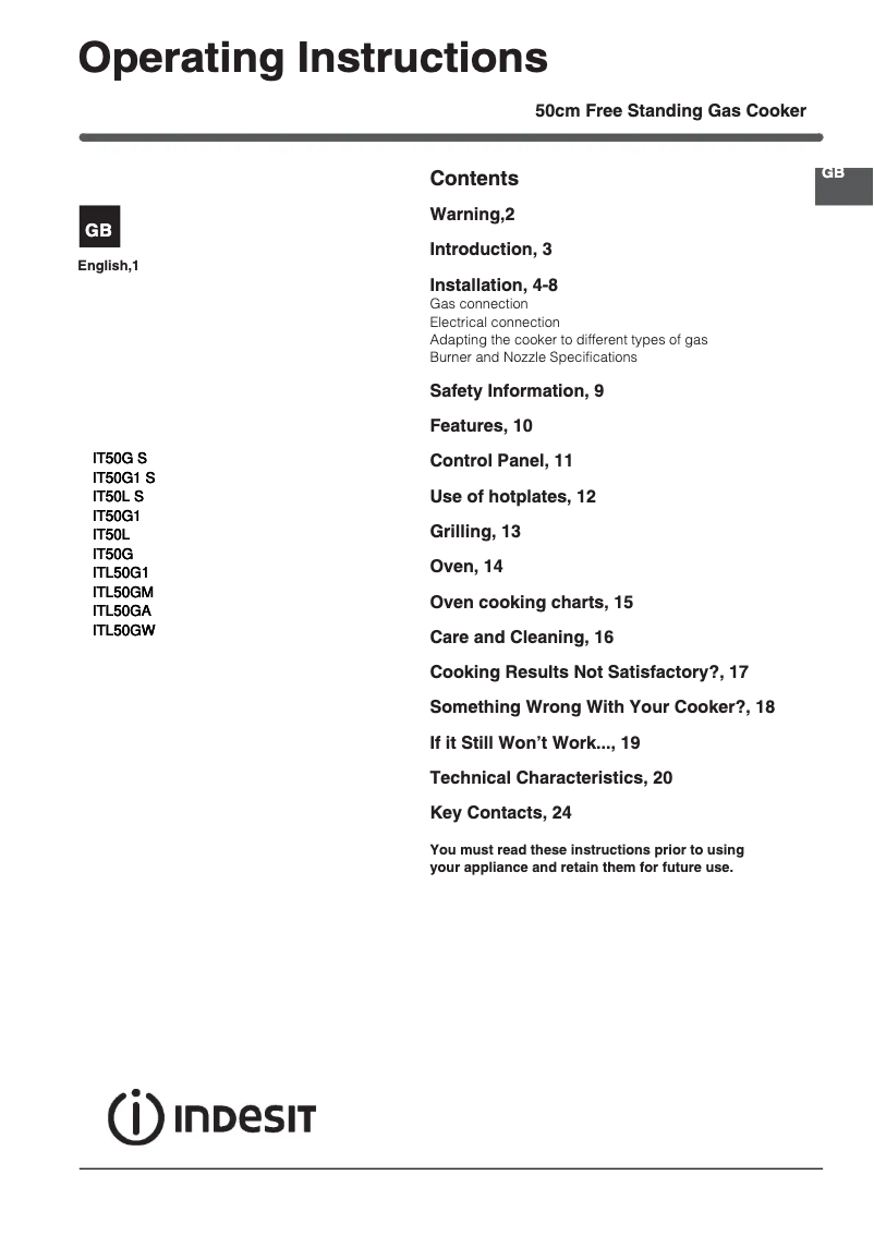 Page n°1 - Instructions / montage Indesit ITL50GW