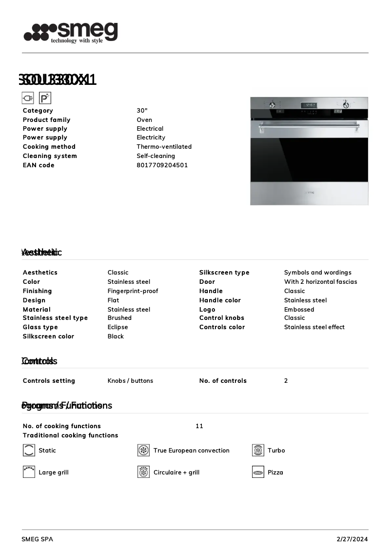 Page 1 de la notice Fiche technique Smeg SOU330X1