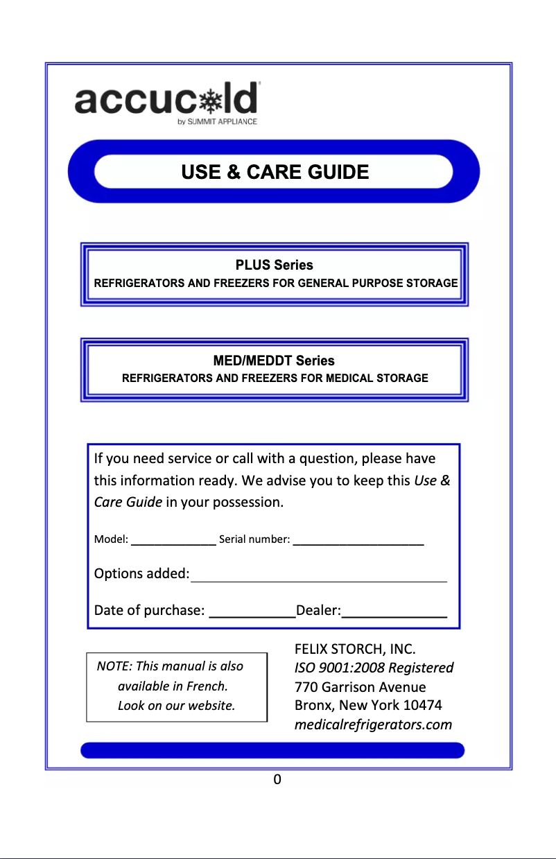Page 1 de la notice Manuel d'utilisation et d'entretien Summit Accucold VT65MLMED