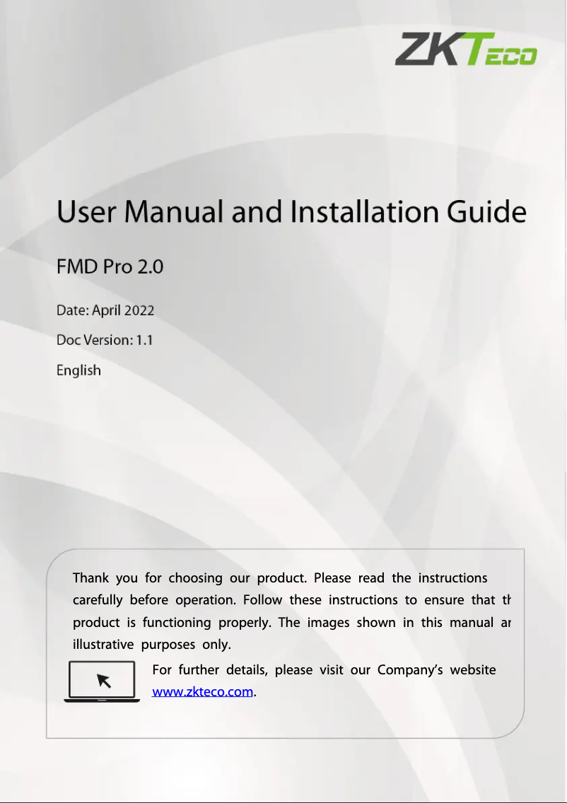 Page 1 de la notice Manuel utilisateur ZKTeco FMD Pro 2.0