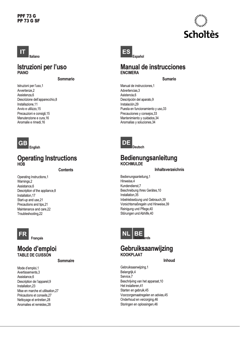 Page 1 de la notice Manuel utilisateur Scholtès PP 73 G SF