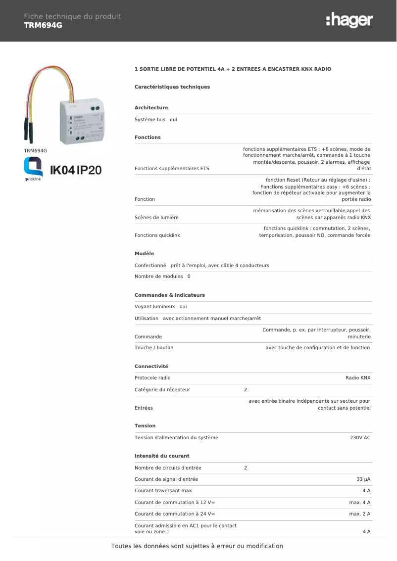 Page 1 of the manual Technical Sheet Hager TRM694G