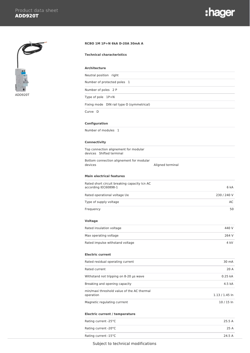 Page 1 de la notice Fiche technique Hager ADD920T