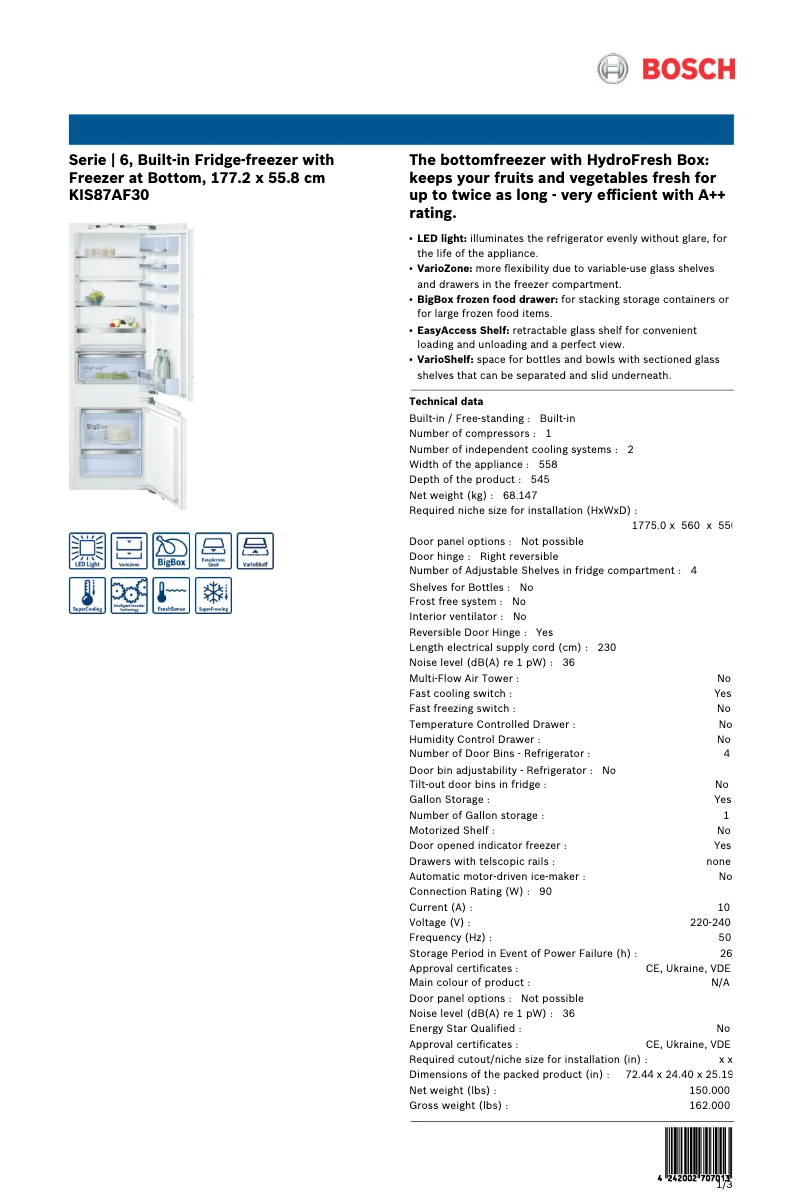 Page 1 de la notice Fiche technique Bosch KIS87AF30