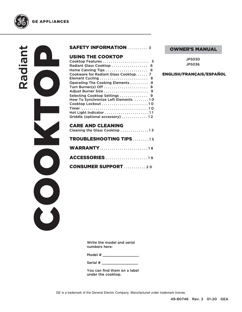 Página 1 del manual Manual de uso y mantenimiento GE JP5036DJBB