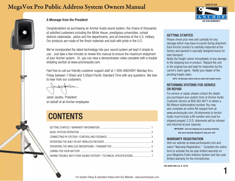 Page 1 of the manual User Manual Anchor Audio MEGA-DP DUAL/LM/LM