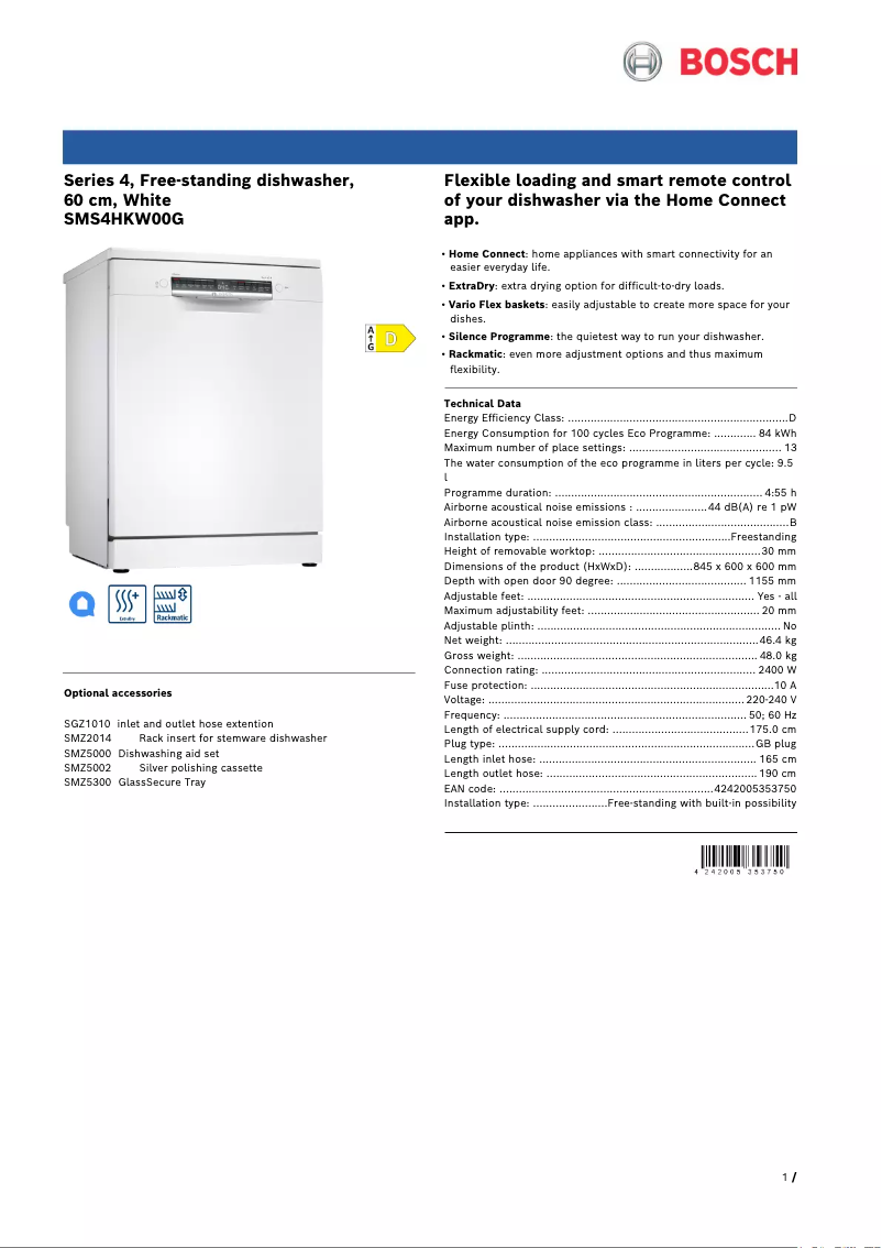 Page 1 de la notice Fiche technique Bosch SMS4HKW00G