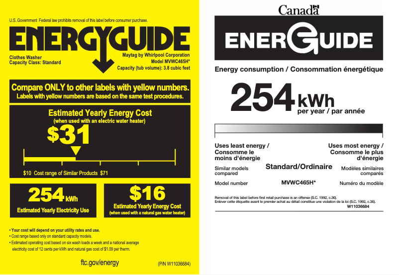 Page 1 de la notice Label énergétique Maytag MVWC465HW
