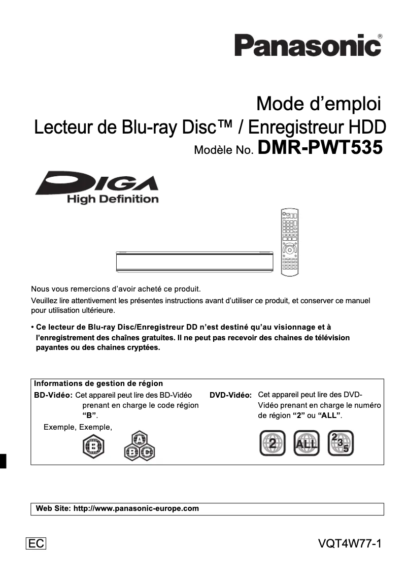 Page 1 de la notice Manuel utilisateur Panasonic DMR-PWT535