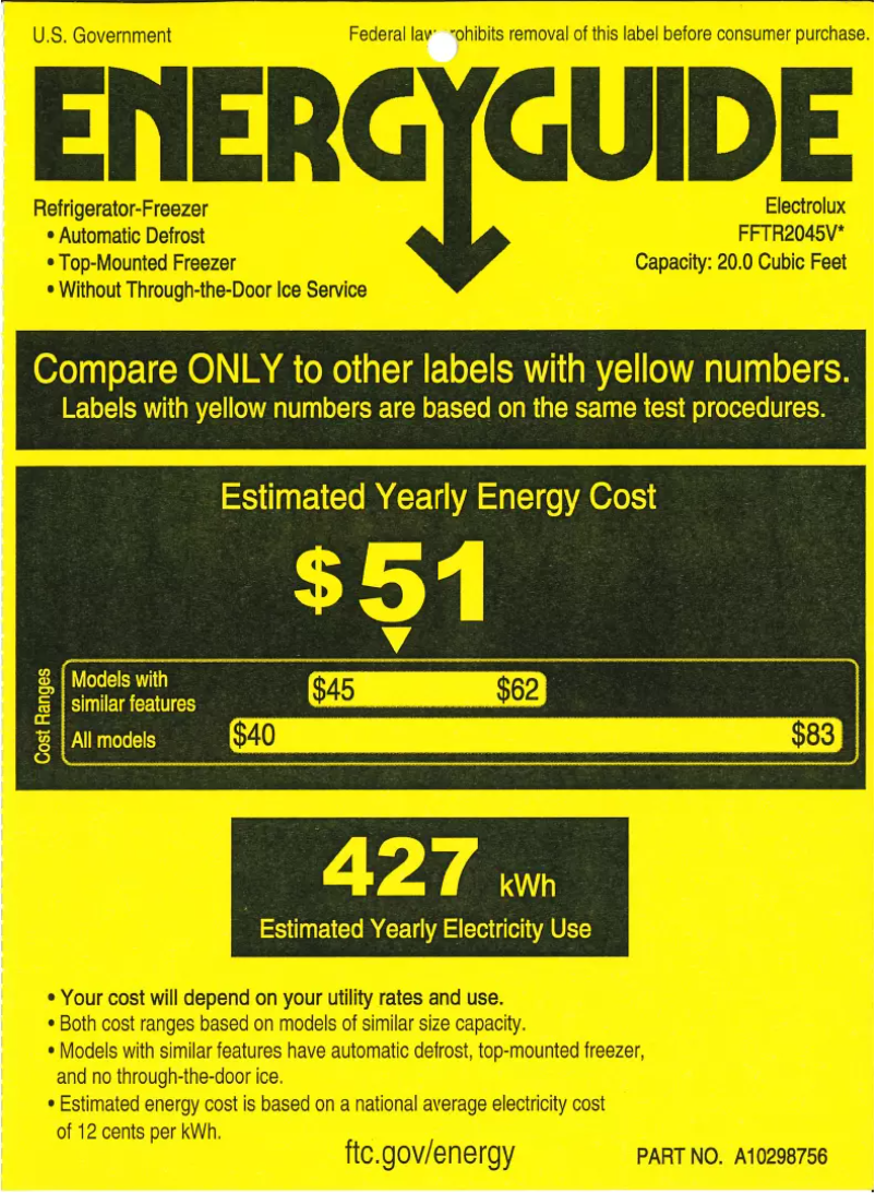Page 1 de la notice Label énergétique Frigidaire FFTR2045VW