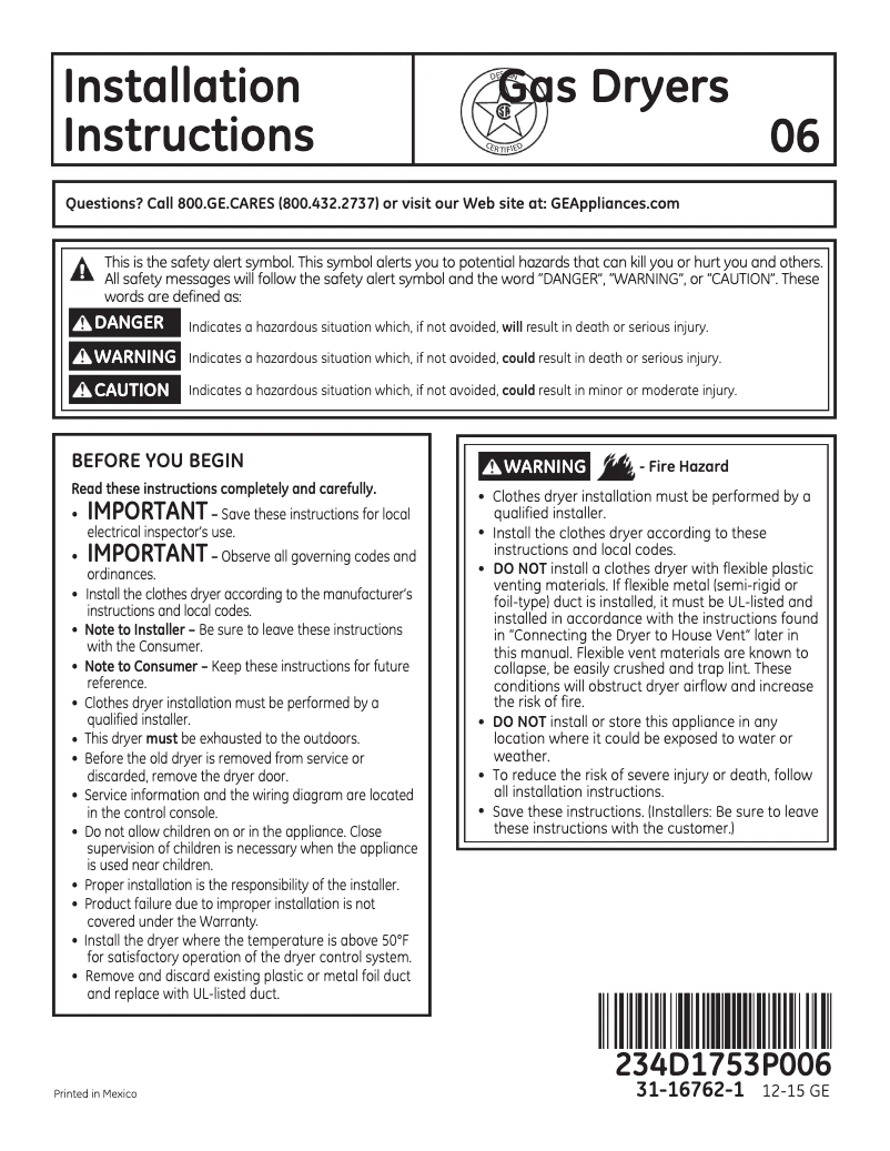 Página 1 del manual Guía de instalación GE GTD86GSSJWS