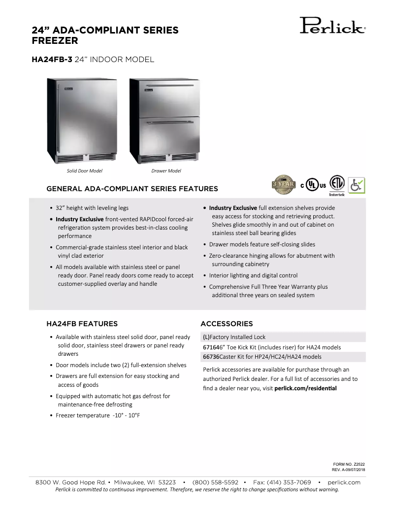 Page 1 de la notice Fiche technique Perlick HA24FB-3-1L