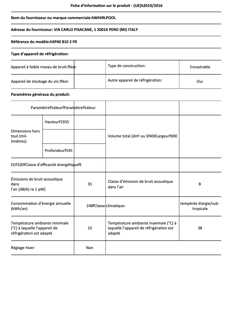Page 1 de la notice Fiche technique Whirlpool SP40 810 2 FR