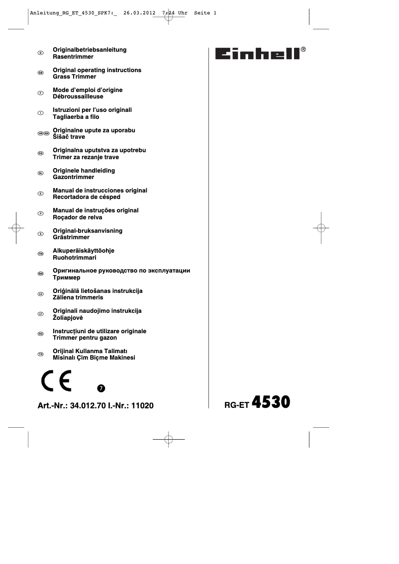 Page 1 de la notice Mode d'emploi Einhell RG-ET 4530