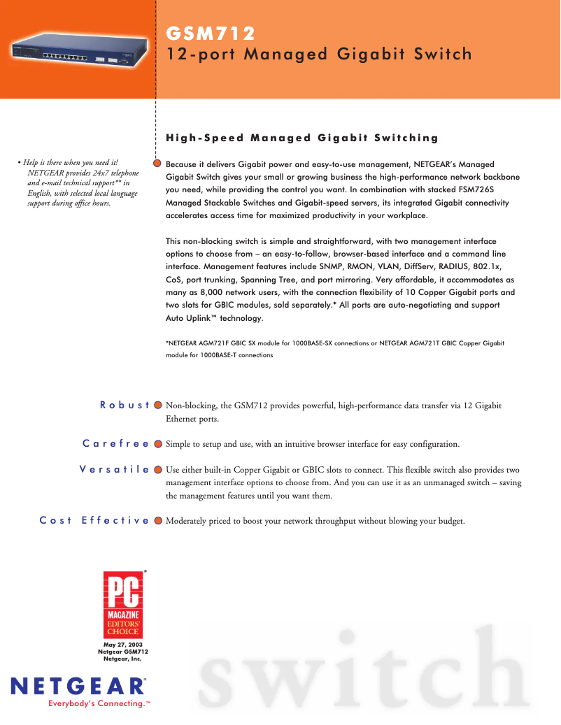 Page 1 of the manual Technical Sheet Netgear GSM712