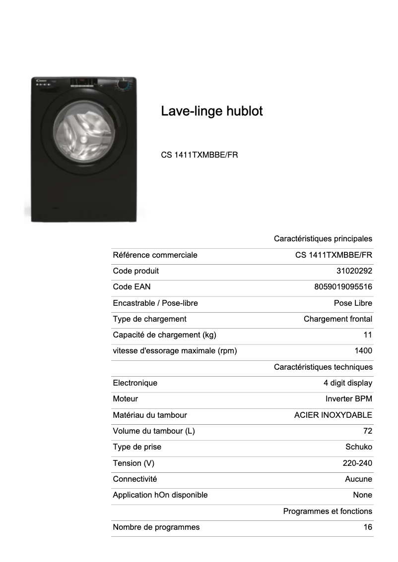 Página 1 del manual Ficha técnica Candy CS 1411TXMBBE/FR