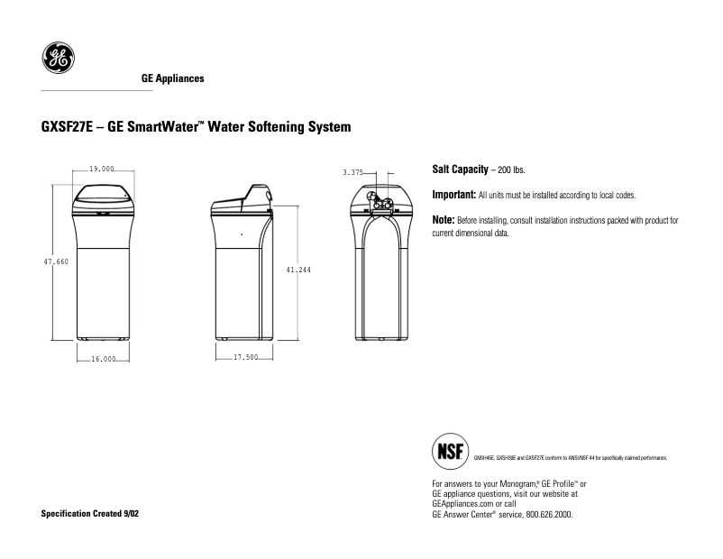 Página 1 del manual Ficha técnica GE GXSF27E