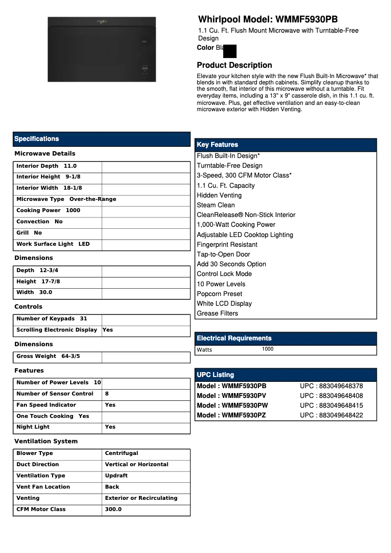 Página 1 del manual Ficha técnica Whirlpool WMMF5930PW