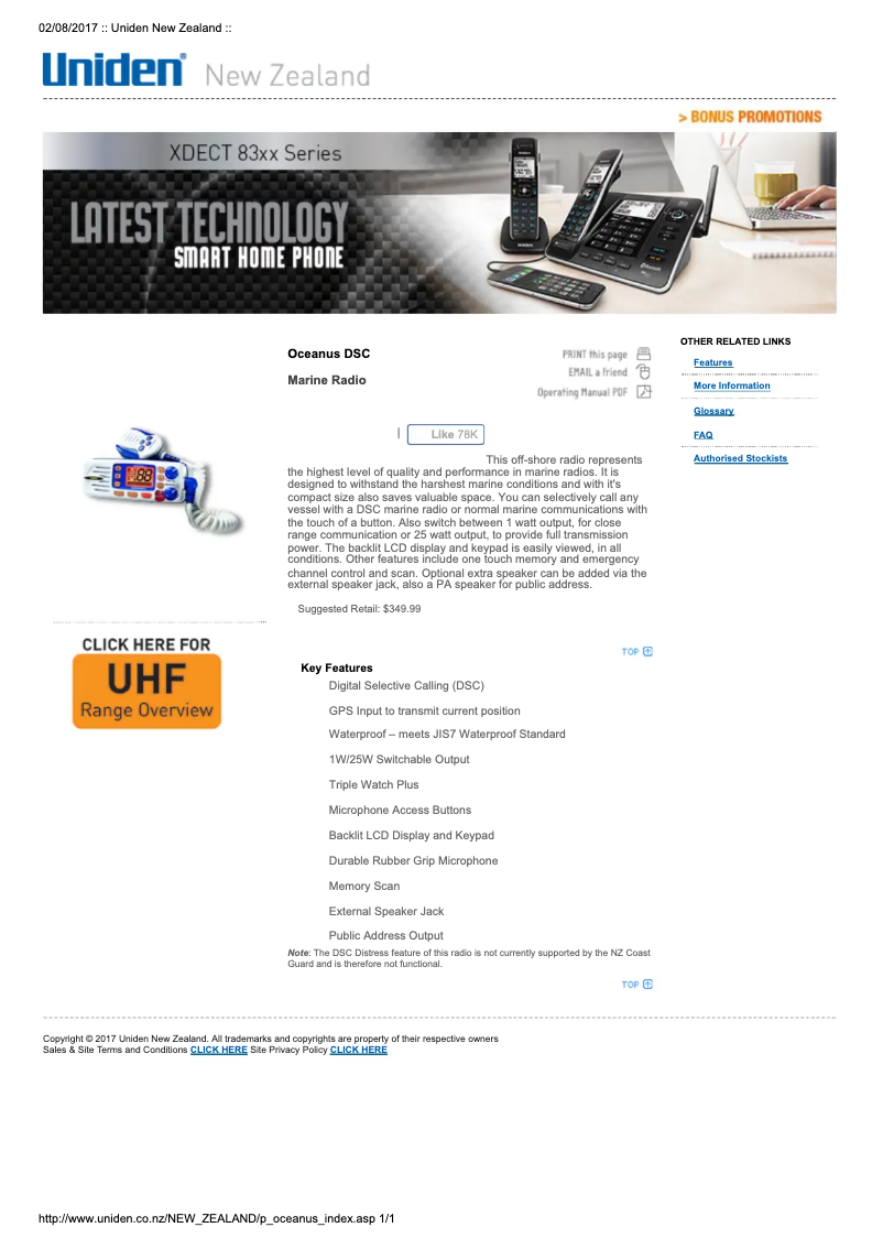 Page 1 de la notice Manuel utilisateur Uniden Oceanus DSC