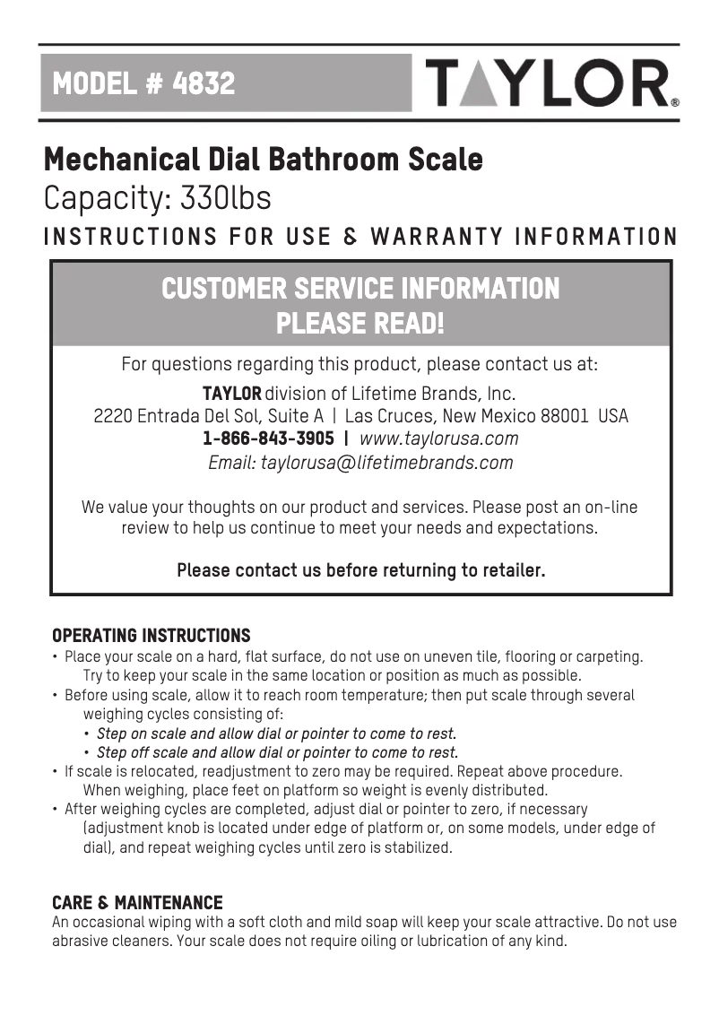 Page 1 of the manual User Manual Taylor 4832