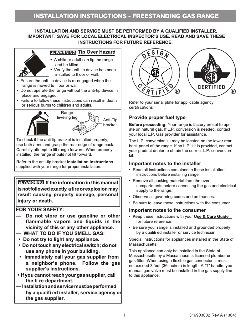 Page 1 de la notice Guide d'installation Frigidaire DGGF3046RF