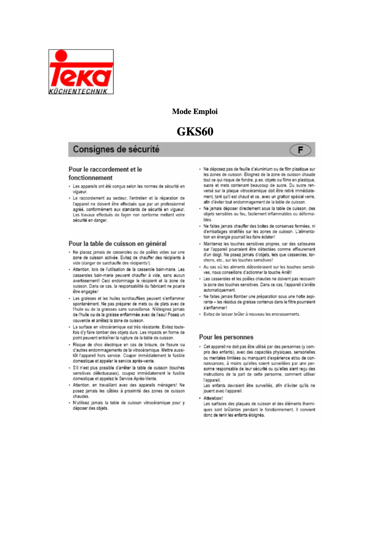 Page 1 de la notice Manuel utilisateur Teka GKS 60