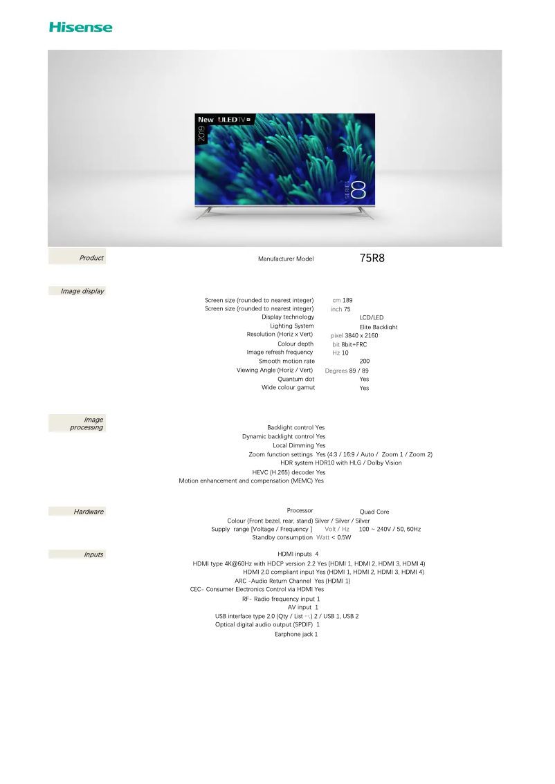 Page 1 de la notice Fiche technique Hisense 75R8