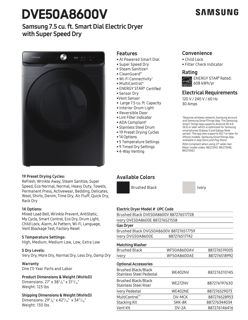 Página 1 del manual Ficha técnica Samsung DVE50A8600E