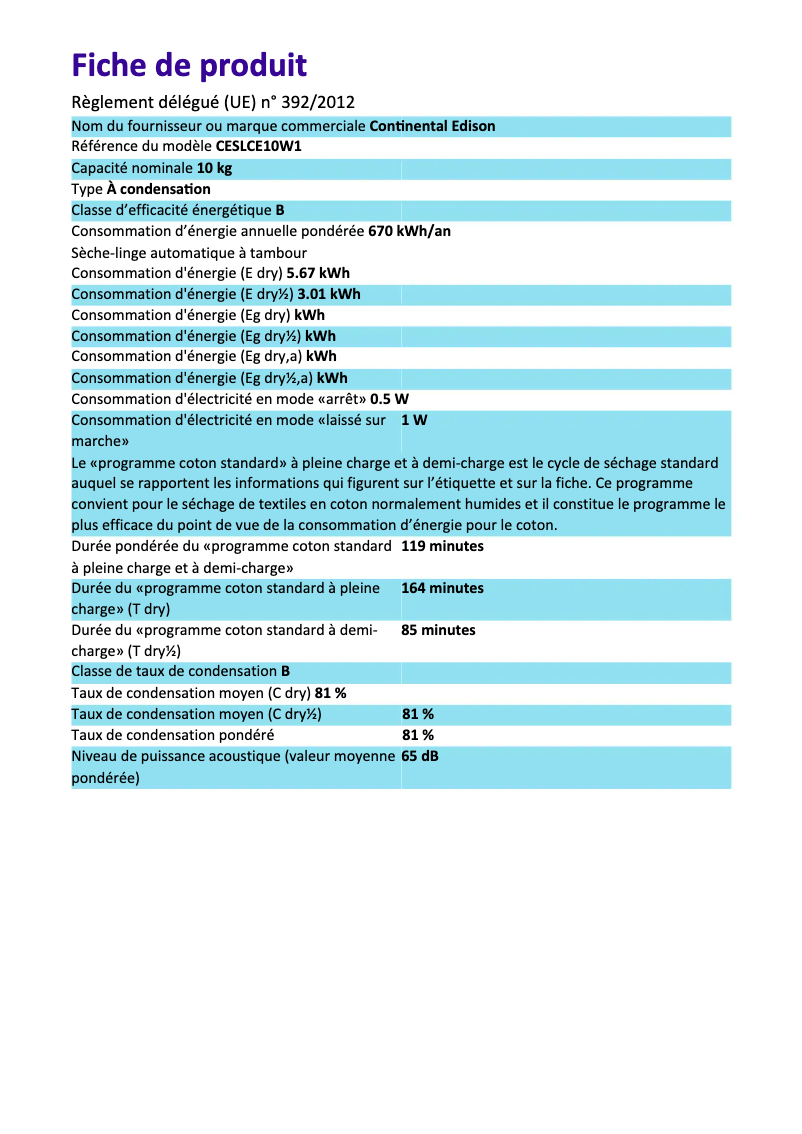 Page 1 of the manual Energy Label Continental Edison CESLCE10W1