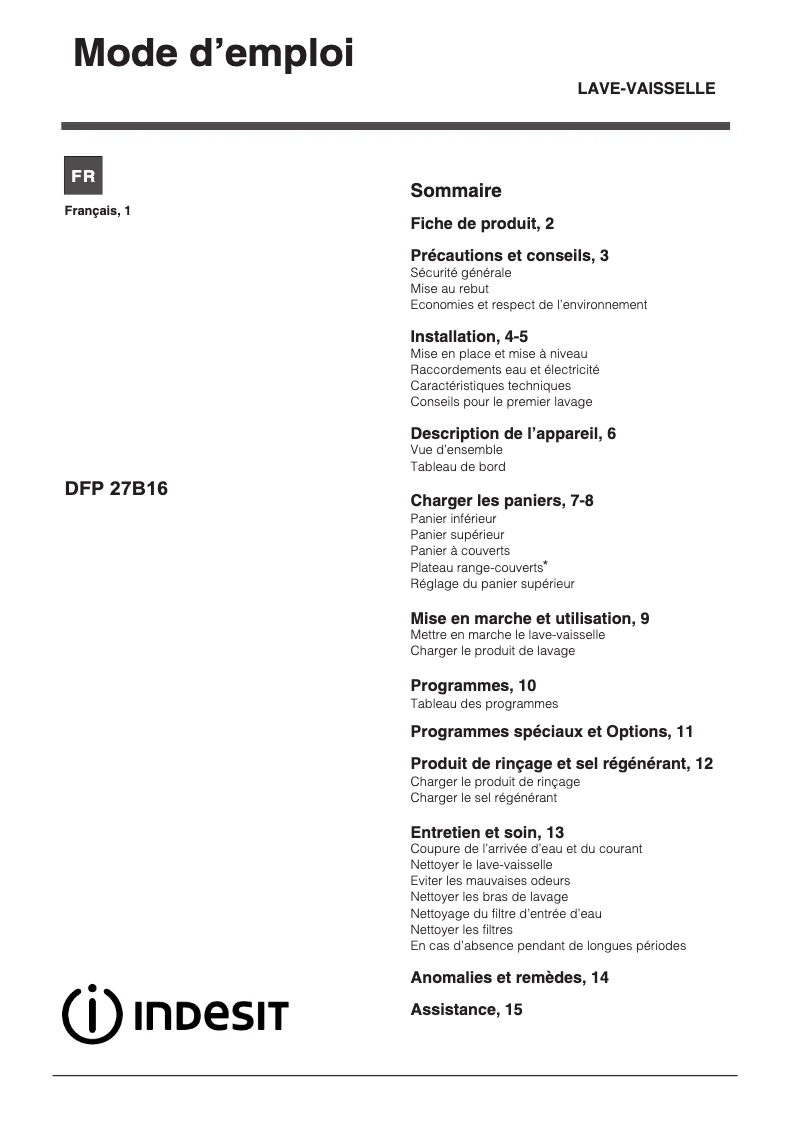 Page n°1 - Manuel utilisateur Indesit DFP 27B16 NX FR