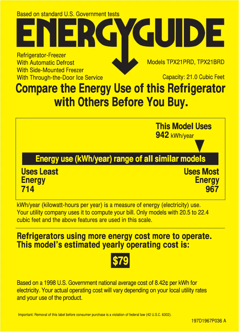 Page n°1 - Label énergétique GE Profile TPX21PRDWW