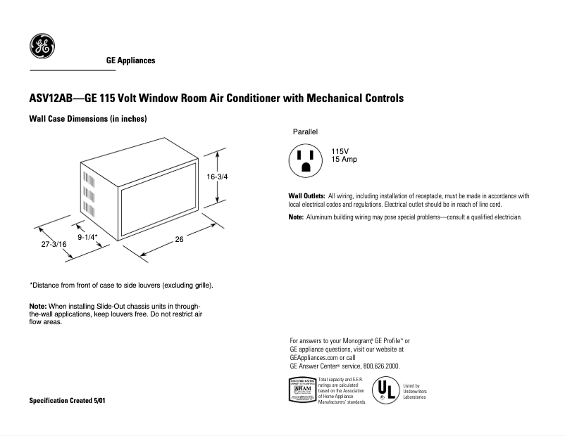 Page 1 of the manual Technical Sheet GE ASV12AB