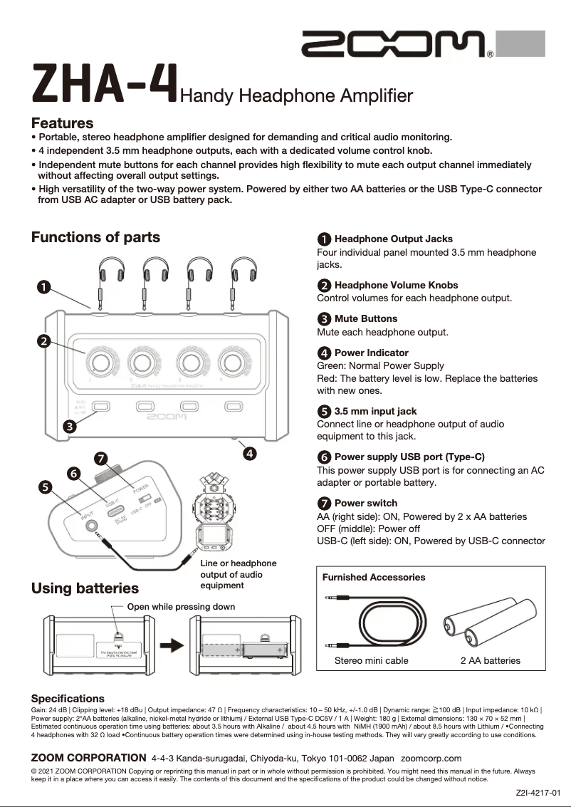 Page 1 de la notice Manuel utilisateur Zoom ZHA-4