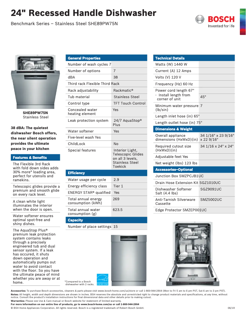 Page 1 de la notice Fiche technique Bosch SHE89PW75N