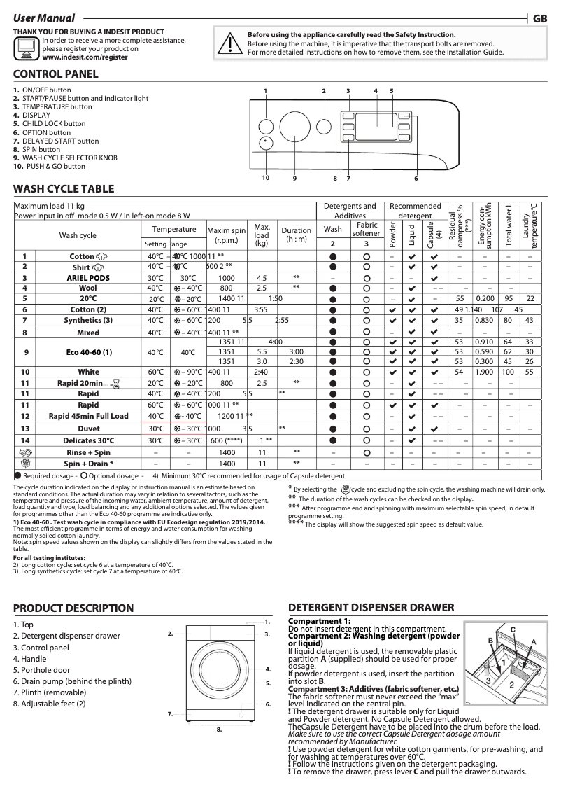 Page 1 de la notice Manuel d'utilisation et d'entretien Indesit BWE 111496X WV UK