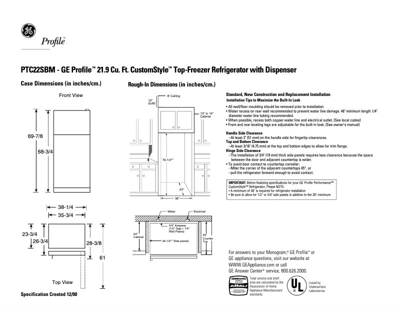 Page n°1 - Fiche technique GE Profile CustomStyle PTC22SBMLBS