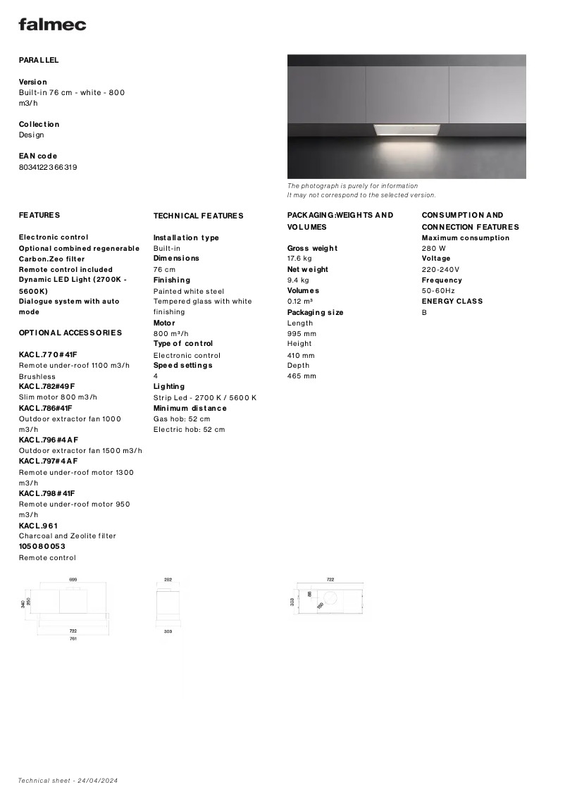 Página 1 del manual Ficha técnica Falmec Parallel 70