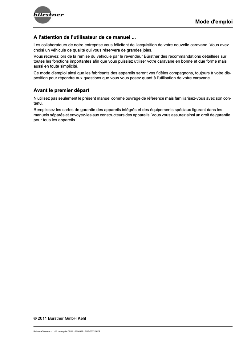 Page 1 de la notice Manuel utilisateur Bürstner Belcanto (2012)