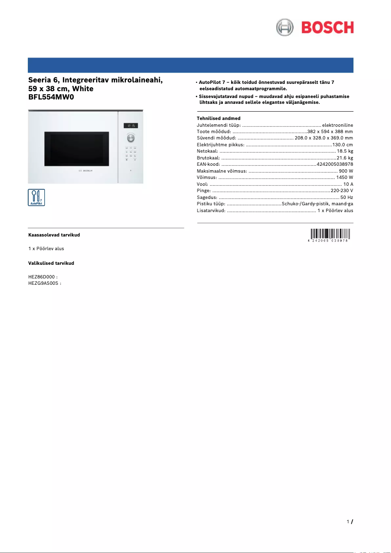 Page 1 de la notice Fiche technique Bosch BFL554MW0